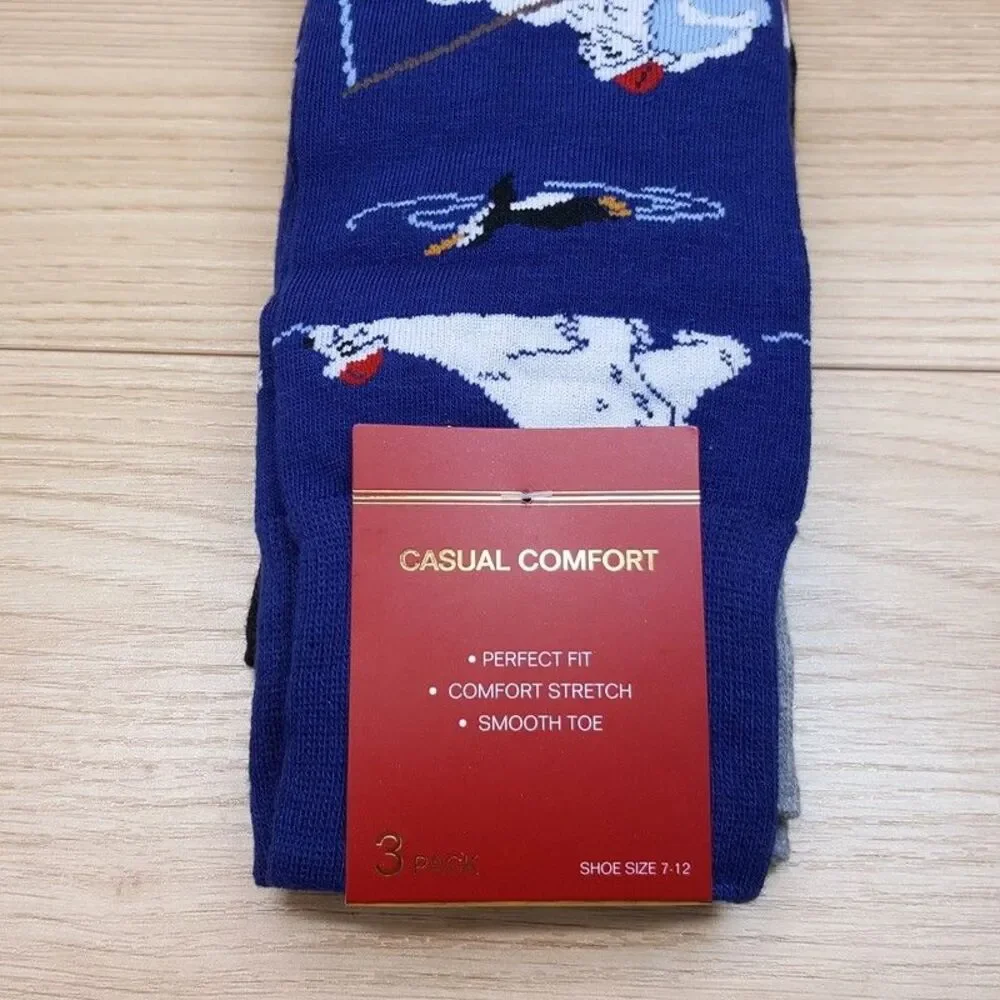 PERRY ELLIS Dress Socks 3-Pack Blue Black Grey Polar Bear Winter Stripe Solid